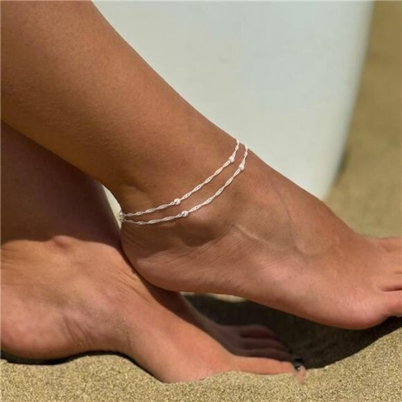 Sterling Silver Ankle Bracelets for Women: Dainty Layered Waterproof Anklet for - Picture 2 of 7